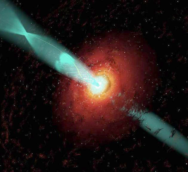 An artist's conception of a blazar, whose powerful jet of high velocity particles is generated around a supermassive black hole and aimed almost directly at Earth. Illustration credit: Marscher et al., Wolfgang Steffen, Cosmovision, NRAO/AUI/NSF.