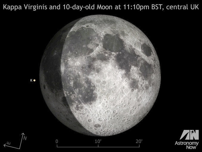 Observers in the British Isles blessed with clear skies at dusk can see the 10-day-old waxing gibbous Moon pass in front of a naked-eye star known as kappa Virginis soon after 11pm BST tonight. Since the star disappears at the Moon's darkened limb, it will be an easy target in most binoculars. AN graphic by Ade Ashford.