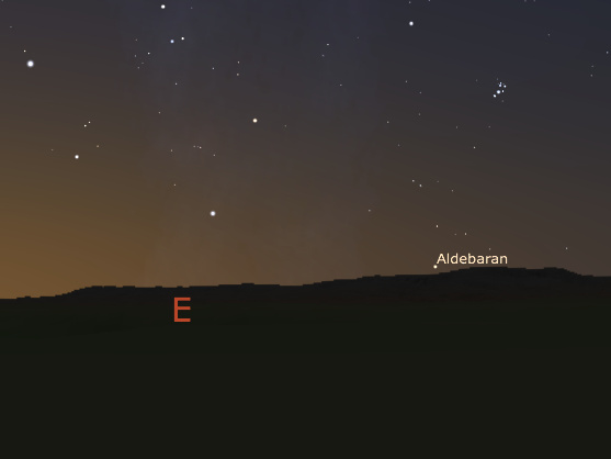 The view towards the east from the Carregal do Sal megalithic cluster, at dawn at the end of April around 4,000 BCE, as reconstructed using a Digital Elevation Model and Stellarium. Aldebaran, the last star to rise before the Sun, is rising directly above Serra da Estrela, the "mountain range of the star." Image credit: F. Silva.