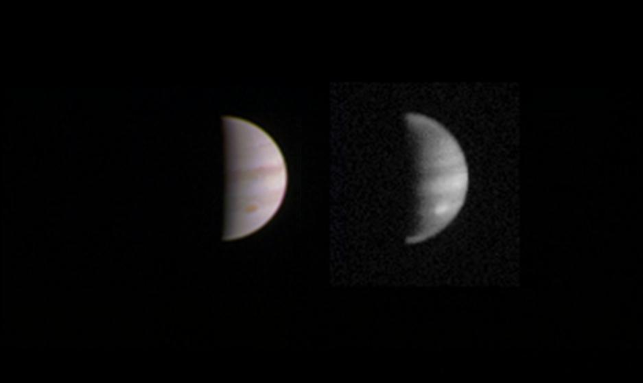 This dual view of Jupiter was taken on 23 August, when NASA's Juno spacecraft was 4.4 million kilometres (2.8 million miles) from the gas giant planet on the inbound leg of its initial 53.5-day capture orbit. The image on the left is a colour composite taken with Junocam's visible red, green, and blue filters. The image on the right was also taken by JunoCam, but uses the camera's infrared filter, which is sensitive to the abundance of methane in the atmosphere. Bright features like the planet's Great Red Spot are higher in the atmosphere, and so have less of their light absorbed by the methane. Image: NASA/JPL-Caltech/SwRI/MSSS.