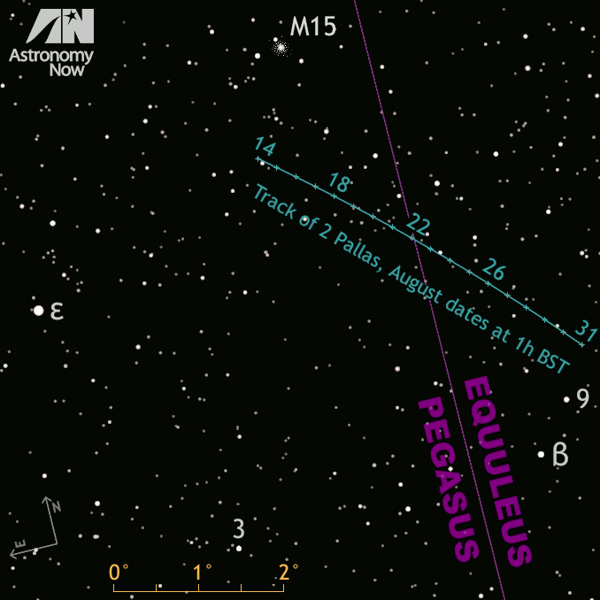 This narrow-field view of asteroid Pallas' track against the border of constellations Pegasus and Equuleus during the remainder of August 2016 is 7 degrees wide by 7 degrees high, corresponding to the field of view of a low-power 7x binocular. Stars are shown down to magnitude +10.3, or approximately one magnitude fainter than the asteroid. The orientation is north up and east to the left. Click the graphic for a greyscale version suitable for printing and use outside. AN illustration by Ade Ashford.