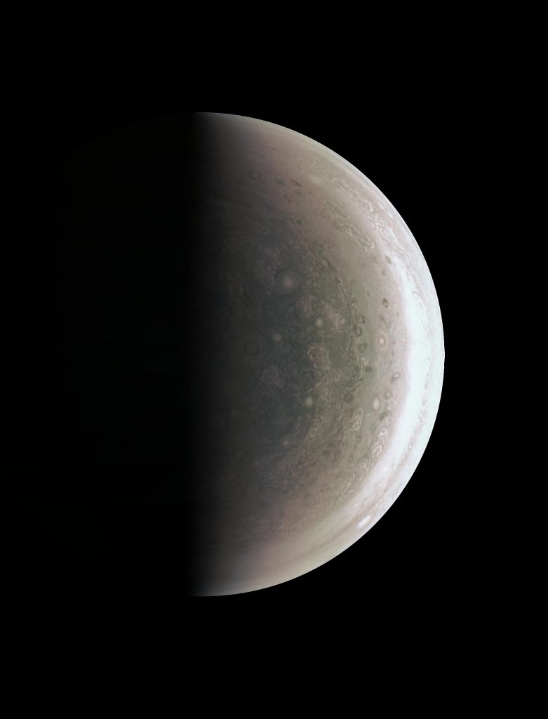 Jupiter down under! This image provides a never-before-seen perspective on Jupiter's south pole from a distance of 94,500 kilometres (58,700 miles). Image: NASA/JPL-Caltech/SwRI/MSSS.