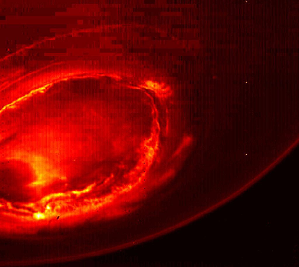 This infrared image from Juno gives an unprecedented view of the southern aurora of Jupiter. Image: NASA/JPL-Caltech/SwRI/ASI/INAF/JIRAM.