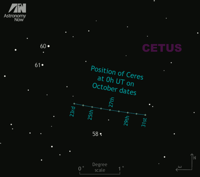 This zoomed-in view of the brown rectangle in the naked-eye finder chart at the top of the page shows stars down to magnitude +10, making it ideal for binocular and small telescope users. The chart is five degrees wide and shows the field of view of a typical 10×50 binocular. The 1.8-degree-long retrograde track of magnitude +7.5 Ceres throughout the remainder of October 2016 is shown, with the planet’s 0h UT (1am BST) position marked at daily intervals. The brightest labelled stars — 58, 60 and 61 Ceti — are magnitudes +6.5, +5.4 and +5.9, respectively. Click the graphic for a greyscale version suitable for printing and taking outside. AN graphic by Ade Ashford.