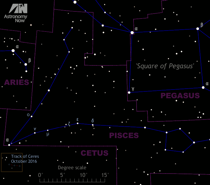 This naked-eye finder chart for dwarf planet 1 Ceres depicts the southern UK sky, a third of the way from horizon to overhead, at 11:30pm BST in the third week of October 2016. It also shows the southern sky at 10pm GMT (after the clocks have gone back) by month end. For scale, the diagonals of the Square of Pegasus span 20 degrees, or the width of an outstretched hand held at arm’s length. The brown rectangle highlighting the position of Ceres — seen in greater detail below — is five degrees wide, or roughly the field of view of a typical 10×50 binocular. Stars down to sixth magnitude are shown. Click the graphic for a greyscale version suitable for printing and taking outside. AN graphic by Ade Ashford.