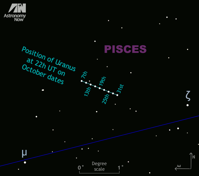 This zoomed-in view of the brown rectangle in the naked-eye finder chart at the top of the page shows stars down to magnitude +9, making it ideal for binocular and small telescope users. The chart is five degrees wide and shows the field of view of a typical 10×50 binocular. The 1-degree-long retrograde track of magnitude +5.7 Uranus throughout the remainder of October 2016 is shown, with the planet’s 22h UT (11pm BST) position marked at three-day intervals. Star zeta (ζ) Piscium is an attractive double star for small telescopes with a 23-arcsecond separation. Click the graphic for a greyscale version suitable for printing and taking outside. AN graphic by Ade Ashford.