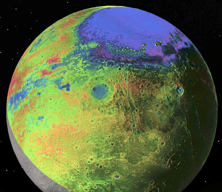 View of Pluto with colour-coded topography as measured by NASA's New Horizons spacecraft. Purple and blue are low and yellow and red are high, and the informally named Sputnik Planitia stands out at top as a broad, 1300 km- (800 mile-) wide, 2.5 km- (1.5 mile-) deep elliptical basin, most likely the site of an ancient impact on Pluto. New Horizons data imply that deep beneath this nitrogen-ice filled basin is an ocean of dense, salty, ammonia-rich water. Image: P.M. Schenk LPI/JHUAPL/SwRI/NASA.