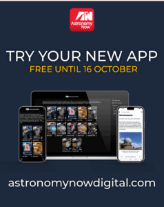 Two iphone styled screens stand either side of a tablet, showcasing different aspects of the Astronomy Now digital portal: recent magazine covers and an exampke of an article. The image also includes the text "Try your new app free until 16 October" with the URL astronomynowdigital.com