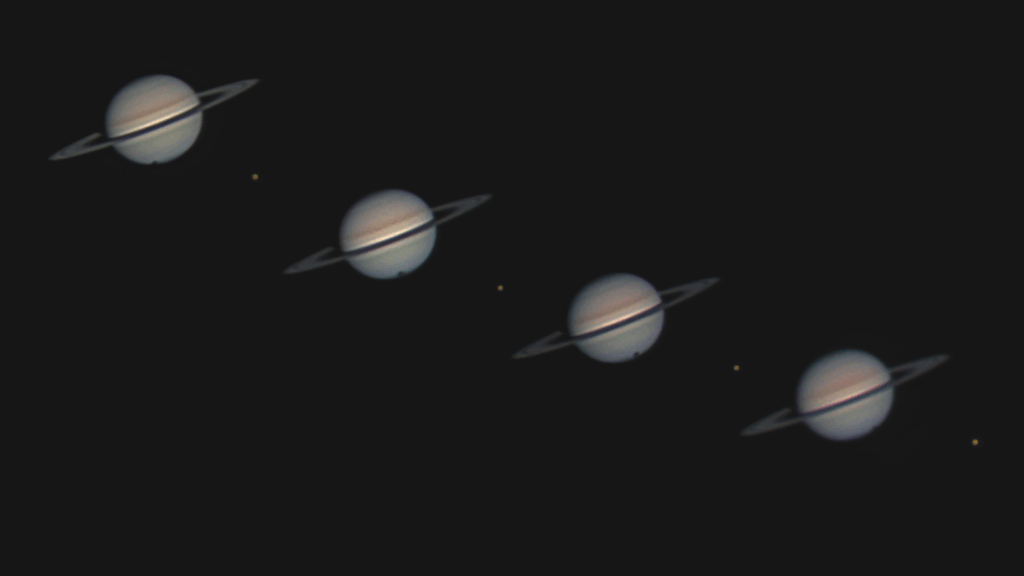 Four telescope images showing the progression of Titan's shadow crossing Saturn