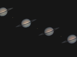 Four telescope images showing the progression of Titan's shadow crossing Saturn